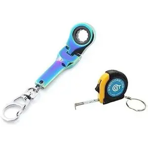 10mm Mini Ratchet Socket Wrench Keychain Key Ring (Free Bonus: Mini Tape Measurement Keychain) (Neo Chrome)
