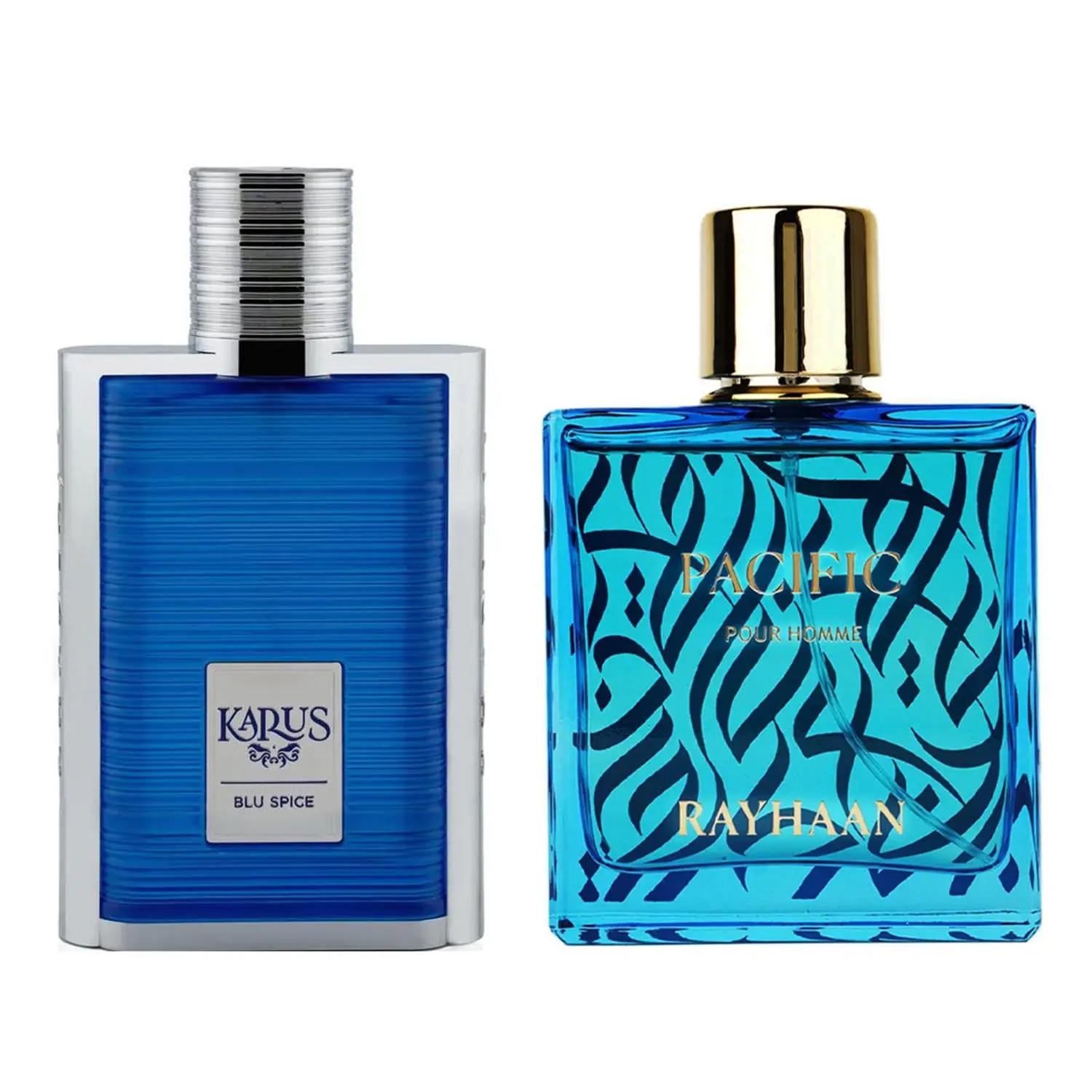 Khadlaj Karus Blu Spice & Rayhaan Pacific Bundle Set for Unisex Eau de Parfum Spray, 3.4 Ounce