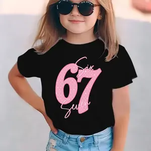 Girls' 67 Number 67 T-Shirt - 6th Party Outfit with Number 67 Print Short Sleeve Round Neck Casual Summer Top for Year-Round Wear