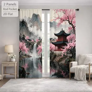 2Pcs Traditional Chinese Landscape Pagoda Cherry Blossom Waterfall Pattern Curtains Digital Printed Rod Pocket, Window Treatment For Bedroom Office Kitchen Living Room Study Home Decor