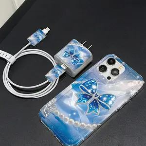 5 Piece Set Transparent Blue Bowknot Phone Case, Charger Head Cover, Cable Protector, Storage Rope, Anti-Drop Tpu Shell for iPhone