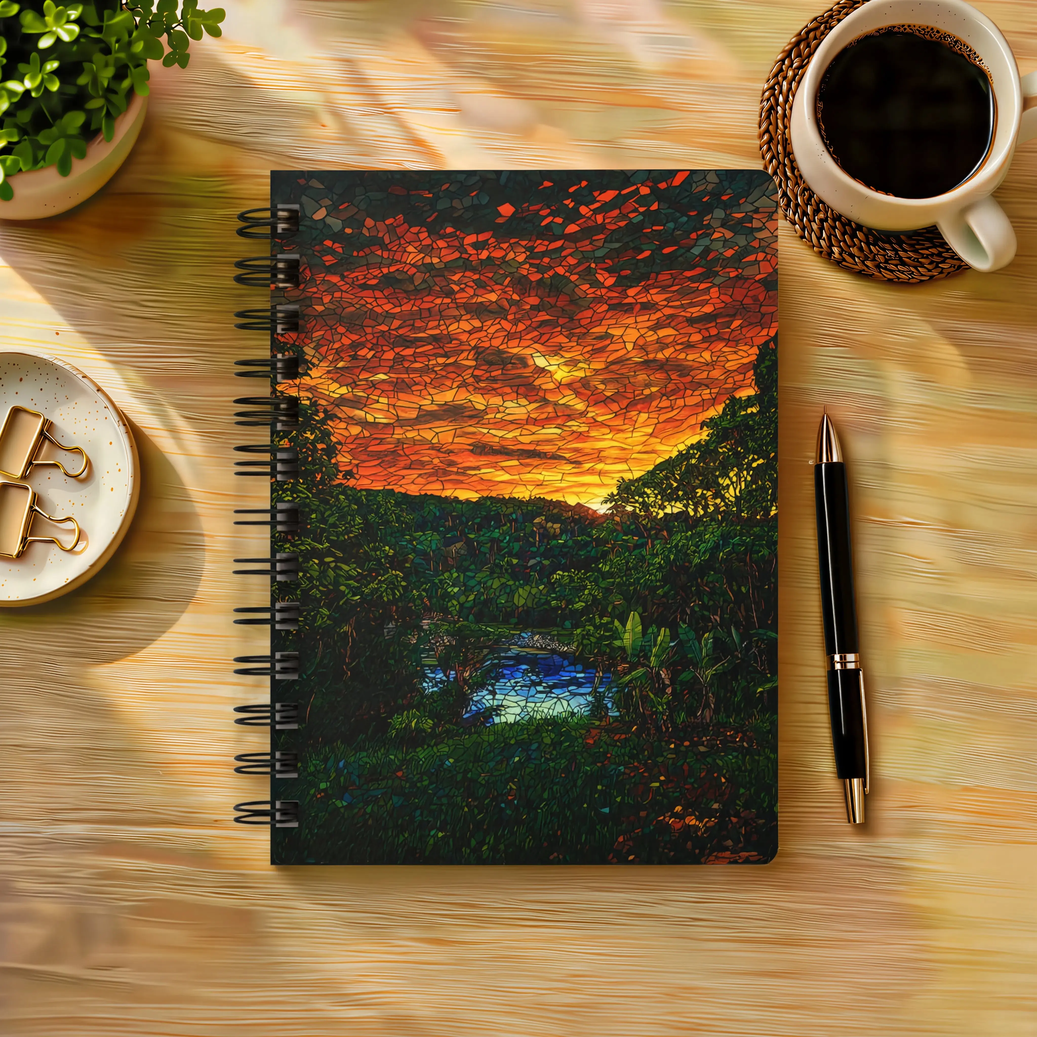 Classic Mosaic Cover Customizable Design Spiral Journal - Costa Rica Rainforest Sunset Stained Glass River Valley Notebook, 6.97in Office Stationery, Journaling Supplies, Bullet Journaling, Pura Vida Travel Gift for Photographers