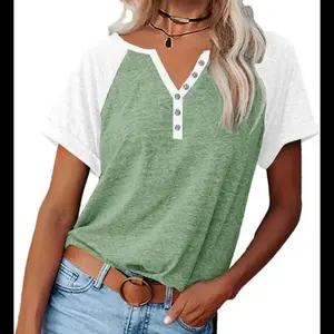 Womens V Neck Basic Tops Color Block Tunic T Shirts Summer Short Sleeve Casual Cotton Tees Shirts