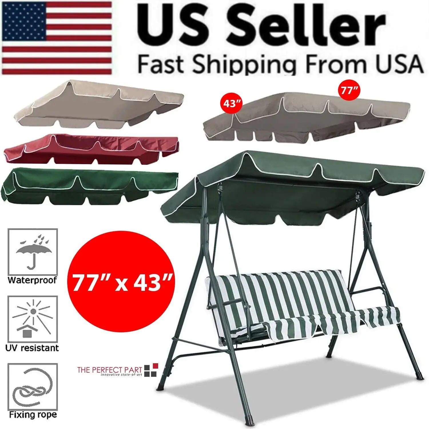 77" x 43" Outdoor Patio Garden Swing Canopy Replacement Top Cover for Porch Seating - Durable 300D Fabric Does not apply