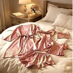 5-PCS Women's Plant Print Satin Pajama Set with Belted Robe, Cowl Neck Cami Nightdress, Backless Cami Top, Elastic Waist Shorts & Storage Bag, Casual Comfortable Women's Sleepwear  Home wear set