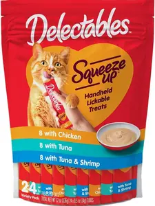 Hartz Delectables Squeeze Up Wet Cat Treats – Tuna & Shrimp Flavor, 24 Count, 12 oz, Interactive Treats for Adult & Senior Cats