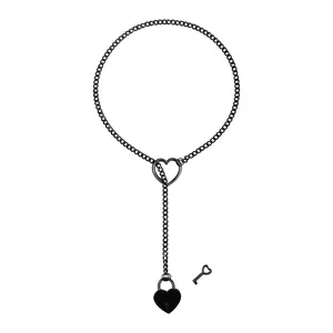 Women's Slip Chain Necklace: Heart-Shaped Lariat Y-Necklace Stainless Steel Cuban Chains Heart Locker With Key Jewelry Adjustable Long Necklaces