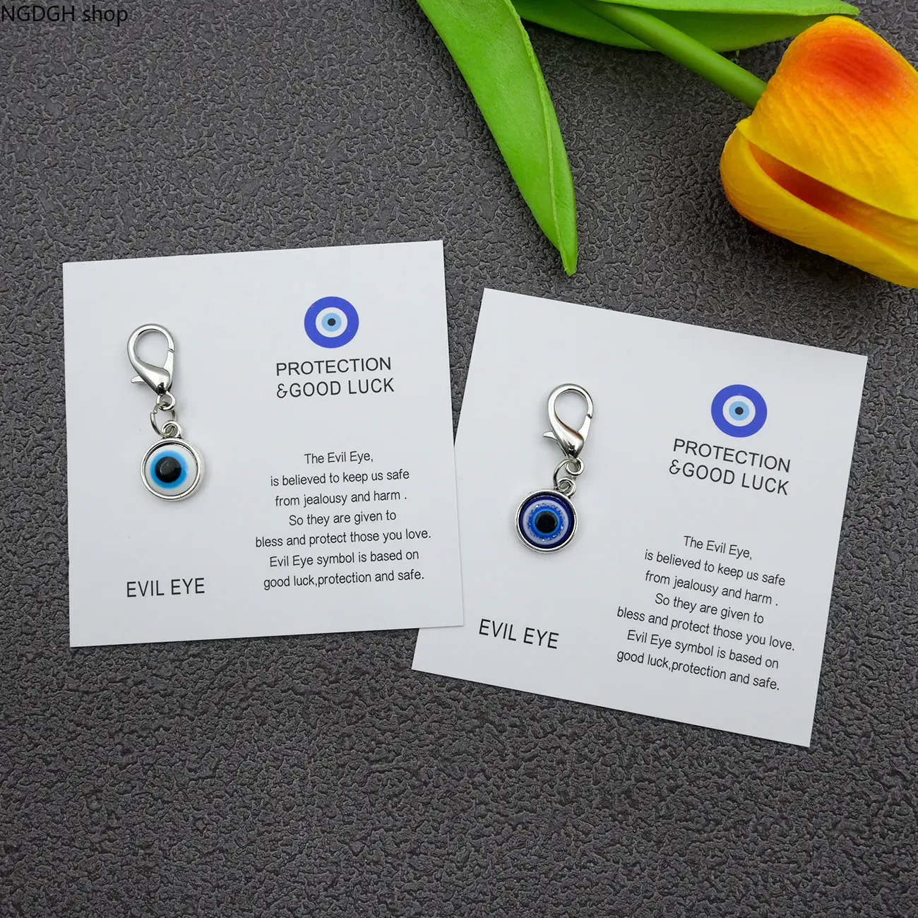 Evil Eye Symbol Lobster Clasp Charm with Glossy Enamel Protection, Eye Motif Bag Keychain Decor Pendant, Blessing Card Included, Spiritual Gift for Sports & Outdoor Enthusiasts, Snap Hook, Round Charm