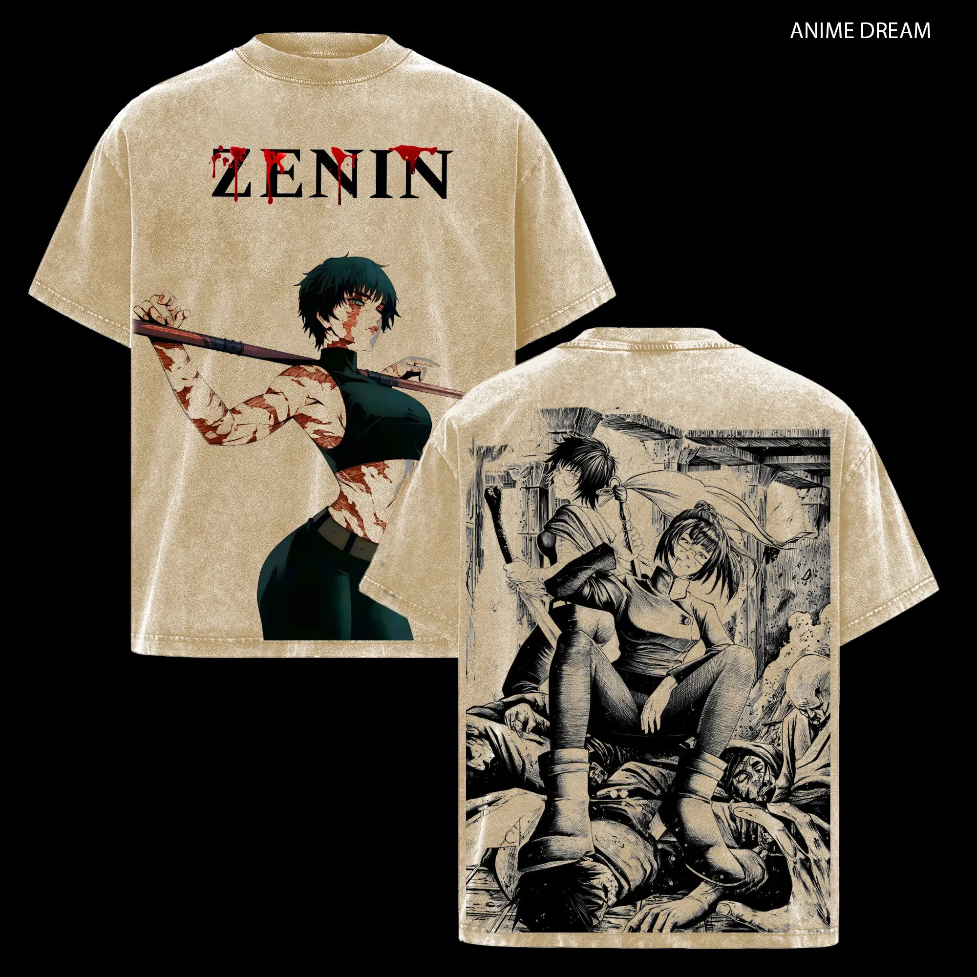 Maki Zenin Jujutsu Kaisen Anime Double Printed Vintage Washed Tee Unisex Oversize Anime Manga Washed Heavyweight Cotton T-shirt