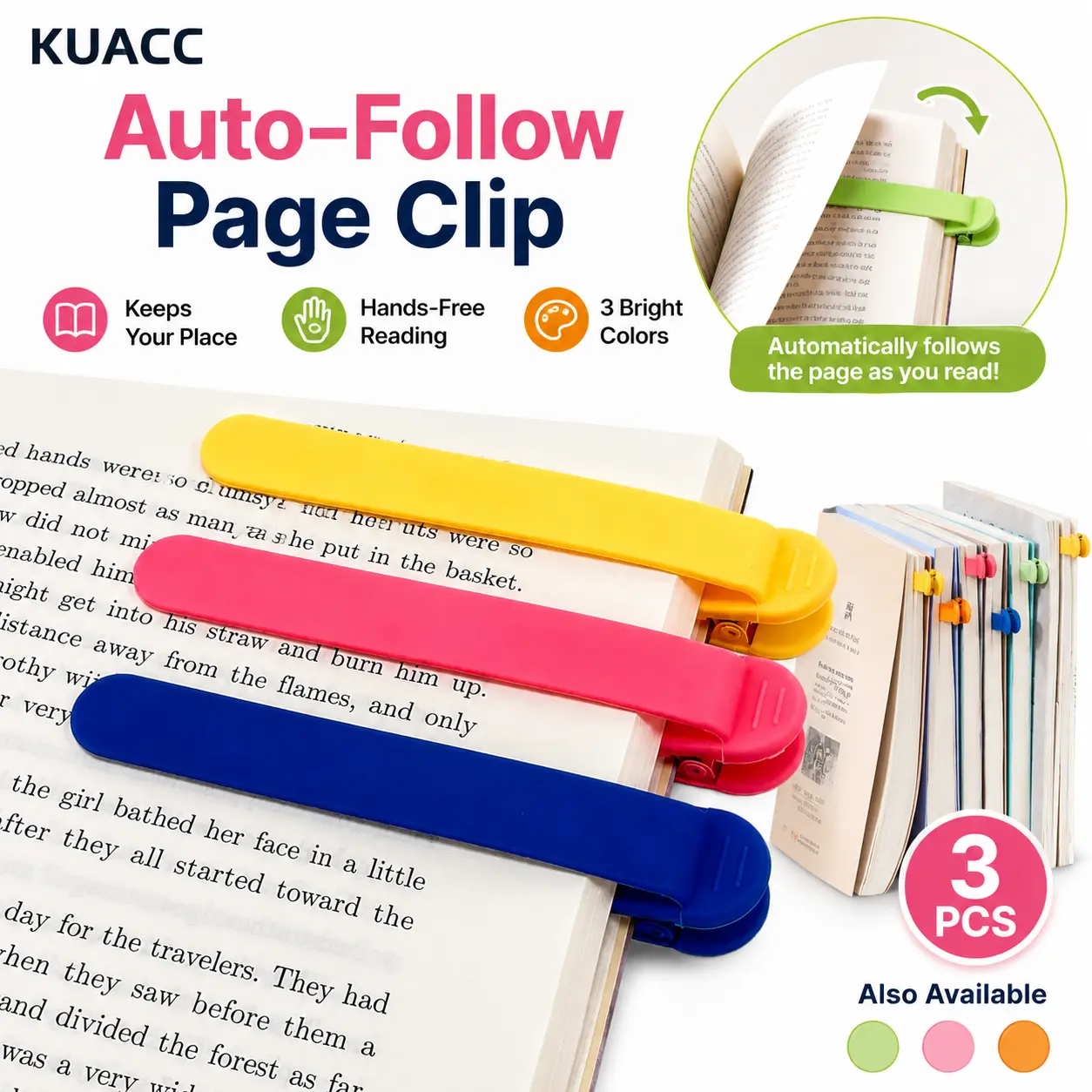 KUACC 3Pcs Automatic Bookmark, Silicone Smart Book Marks for Reading Women, Men, Kids,Cute Unique Book Markers Bookmark Clip Reading Accessories Gifts for Book Lovers