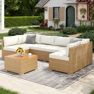【1 or 2 Packages Shipping】Phivilla Home Outdoor Patio Rattan Furniture Set with Acacia Wood Coffee Table, Thick Cushions – 3/7-Piece Sofa Set for Balcony, Porch & Patio, SpringGlowUp