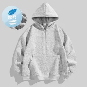Soft Fleece Unisex Half Zip Hoodie with Large Kangaroo Pocket Casual Loose Fit Windproof Polyester Pullover Sweatshirt for Men & Women