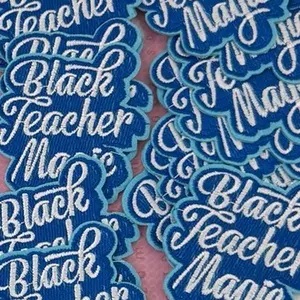Iron-On Black Teacher Embroidery Patch - Navy Blue Twill Fabric, White Cursive Script, Iron-On Back - Multi-Use for Jackets/Bags, Teacher Classroom Decor, Classroom Decor