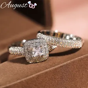Women's Princess Square Cubic Zirconia Couple Ring Set Engagement Anniversary Gift Size 5-10 with Exquisite Packaging