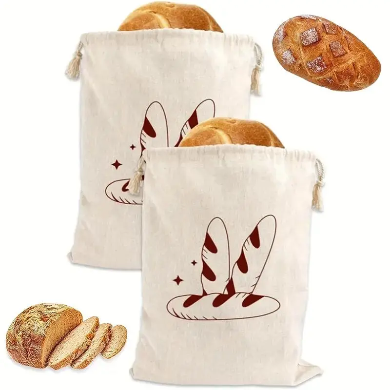 Reusable Linen Bread Bags, 2 Counts/set Food-Grade Bread Storage Bags with Drawstring, Durable and Fashionable Kitchen Essentials, Reusable Kitchen Accessories
