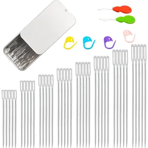 40PCS Large Eye Sewing Needles 8 Sizes Sharp Hand Sewing Needles for Embroidery Leather Stainless Steel Yarn Needles with Threaders & Stitch Markers Silver