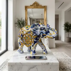 Blue and White Porcelain Elephant Resin Statue, Luxury Gold Accent Home Decor, Ornate Floral Pattern Tabletop Ornament, Elegant Living Room Accent Piece, Artistic Animal Figurine for Shelf Display