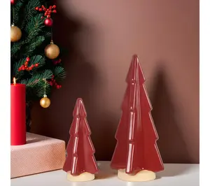 Young's Red Stoneware Christmas Tree Tabletop,Set of 2