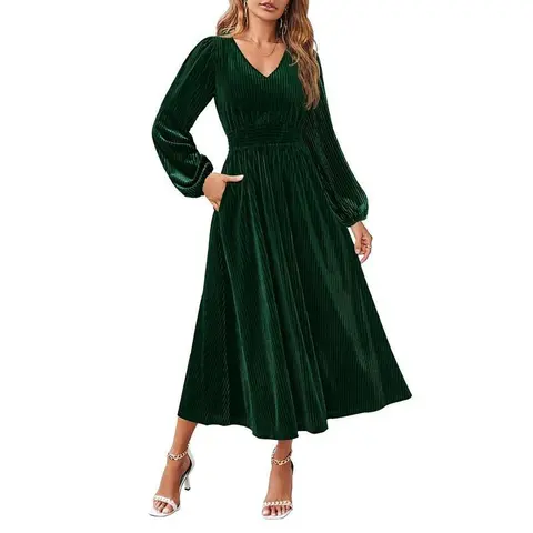 ZESICA 2026 Women's Velvety Micro-Stretchy Woven Midi Dress - Long Sleeve V-Neck Elegance, High Waist, A-Line Flowy Drape, Loose Fit, Side Pockets, Ideal for Fall Winter, Party, Office