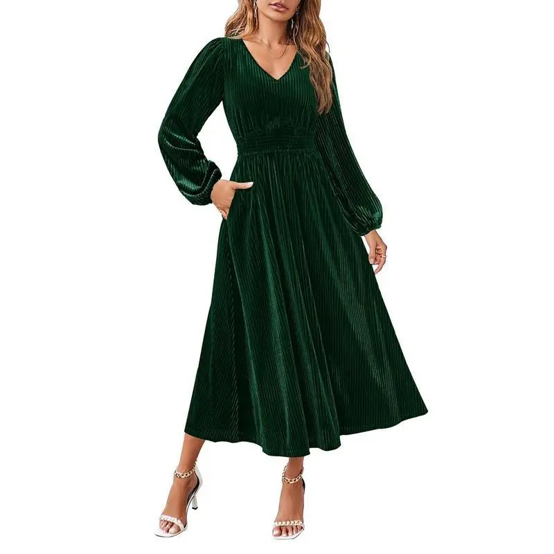 ZESICA 2026 Velvet Midi Dress for Women – Elegant Long Sleeve V Neck High Waist Outfit, Perfect for Fall Winter Parties, Christmas & Halloween Events
