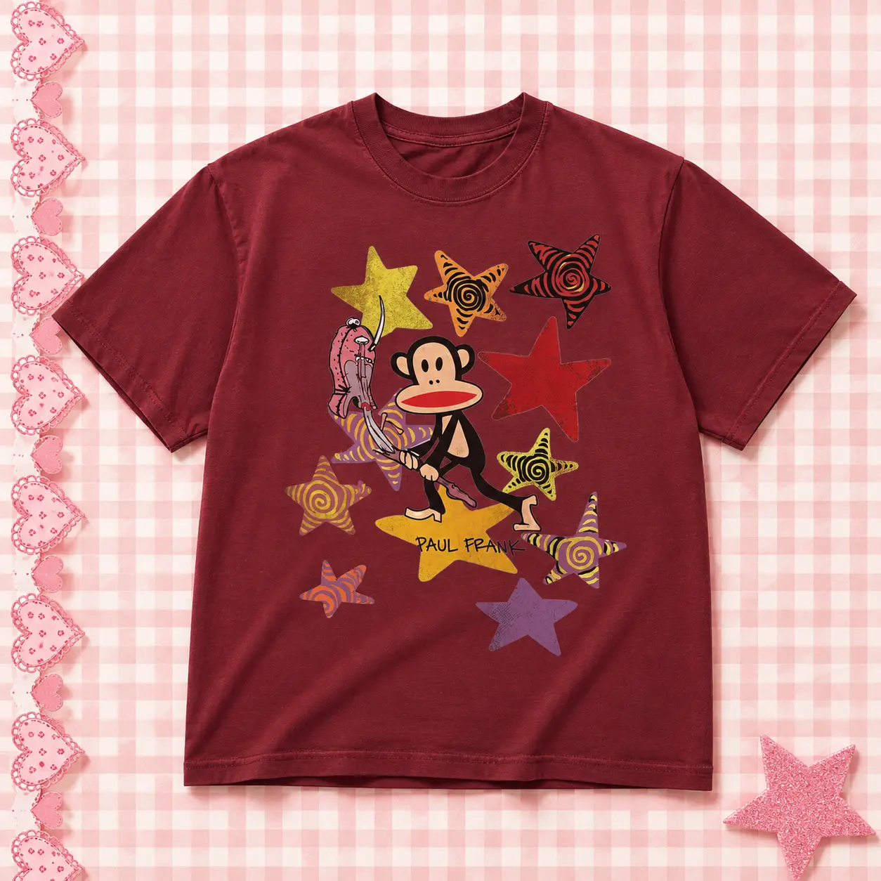 GILDAN Paul Frank Graphic T-Shirt - Retro Y2K Julius the Monkey Playing Guitar with Swirl Stars Design, Maroon Red Aesthetic Unisex Cotton Shirt
