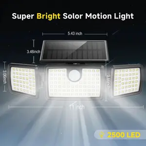 2 Packs Solar Powered Motion Sensor Lights, 2500LM 3-Heads Dimmable Security Spot, IP65 Waterproof, 3 Modes, for Patios Garden & Garages, US Plug, Gifts for Men