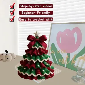 Beginner DIY Crochet Christmas Tree Kit 2026 - Yarn, Hook, Pearls, Bow, Video Tutorial, Red Green Holiday Decor