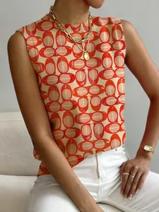 Women's Geometric Pattern Colorblock Fitted Sweater, Casual Sleeveless Knit Top, Comfortable Warm Clothing for Spring Summer Fall