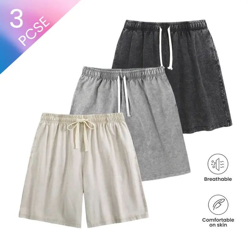 Women's 3-Pack Washed Casual Sweat Shorts, Vintage Acid Wash, Minimalist Plain Basic Design, Breathable Cotton, Elastic Drawstring, Soft Loose Fit, Comfy Lounge & Urban Summer Essentials, Premium Multipack Value Apparel Beige jorts shorts for women