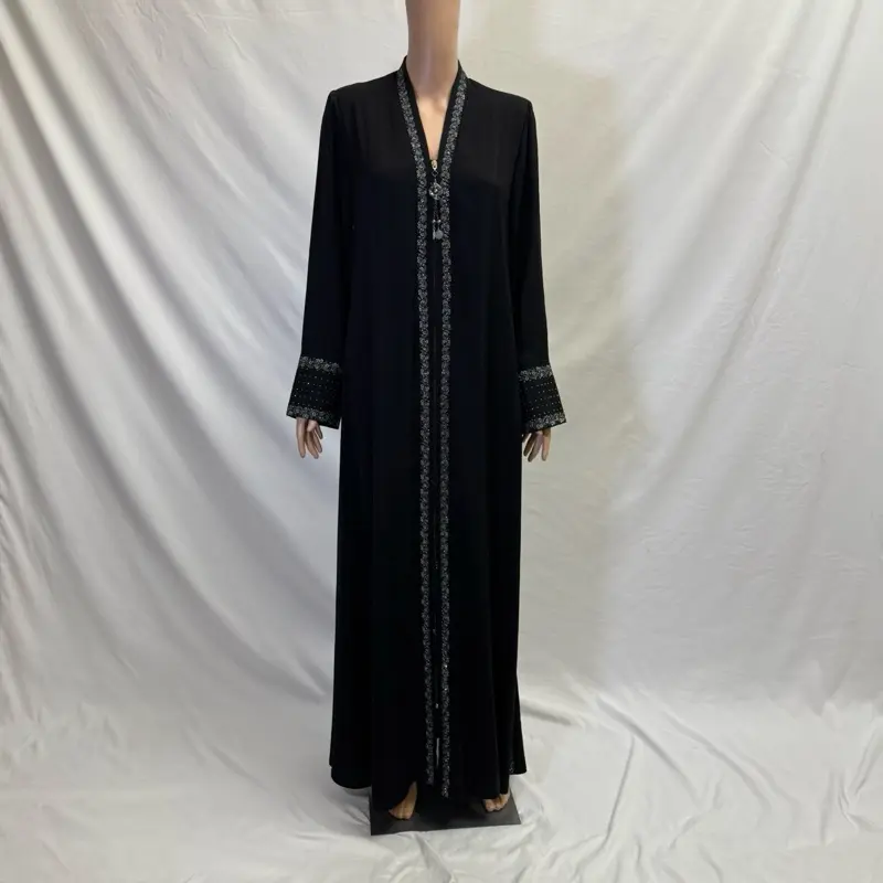 Closed Zippered Floral Embroidered Abaya with Rhinestones for Women