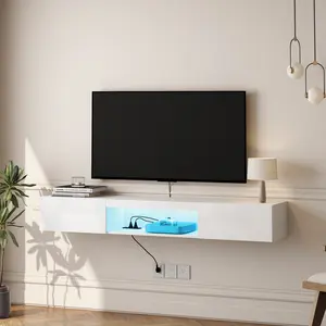 Floating TV Stand with RGB LED Lights 63", Wall Mounted Entertainment Center for TVs up to 65 Inch, Modern Media Console with Storage for Living Room Bedroom, High Gloss White