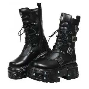 Women's Metal Platform Goth Boots Punk Style Lace up Combat Boots Ankle Bootie Black Gothic Biker Boots Daily casual, cosplay or gothic dresses