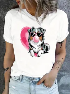 Australian Shepherd dog with heart Fashion Glasses print t-shirt, short sleeve crew neck casual top for summer & spring, Women's clothing