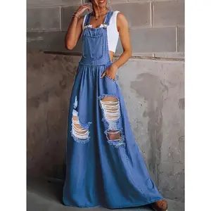 Cross-border Trade Europe and the United States Women's Loose Side Pocket Sleeveless Ripped Jeans Overalls - Denim - For Women - Casual Wear - Perfect Gift for Fashionable Ladies