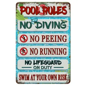 Flat, 1pc Vintage Pool Rules Metal Sign - 12x8 Inch, Outdoor Wall Decor for Swimming Parties & Beach, No Diving/Peeing/Running, Ideal for Backyard & Deck, Pool Decorations for Christmas, Halloween, Mardi Gras, Cinco De Mayo