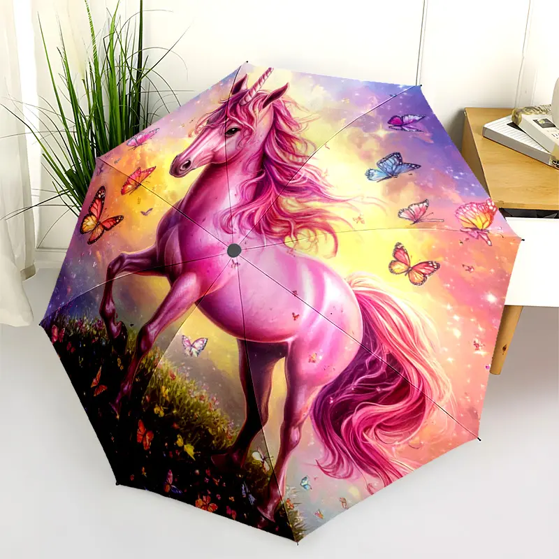 1 PC Automatic Folding Umbrella - Unicorn Fantasy Butterflies Pattern, Portable & Foldable Design with 8 Ribs, Merry Christmas Pattern,Casual Outdoor Accessory Halloween and Christmas Birthday Gifts. D00117