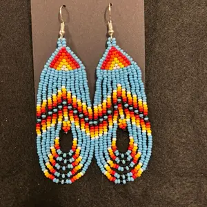 Native American Beaded Earrings with Blue, Orange, and Yellow Patterns
