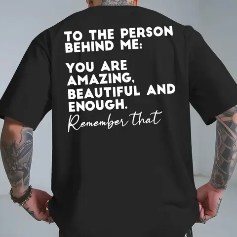 Men's Red Motivational Back Print T-Shirt - "to the Person Behind Me..." Inspirational Message, Breathable Round Neck Casual Summer Beach Shirt, Comfort Fit Short Sleeve Top for Daily Wear & Vacation Outfits
