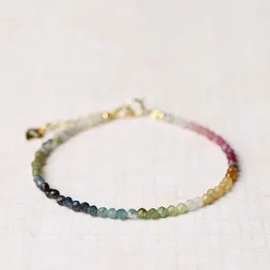 Natural Rainbow Tourmaline Bracelet - Hand Braided Adjustable 2mm Gemstone Faceted Beads Bohemian Healing Bracelet