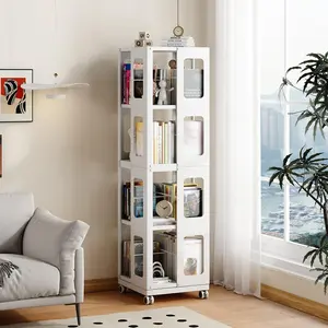 kavey 4 Tier Rotating Bookshelf Tower, Steel 360° Revolving Bookcase with Wheels, Multifunctional Floor Standing Storage Display Shelf, Narrow Bookshelves for Bedroom, Office (White)