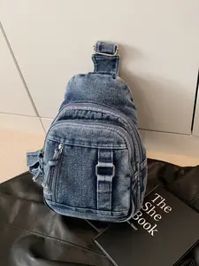 Vintage Washed Denim Crossbody Bag for Women, New Trendy Multi-Use Shoulder Bag, Adjustable Strap, Large Capacity Casual Backpack, Y2K Style Student Bag