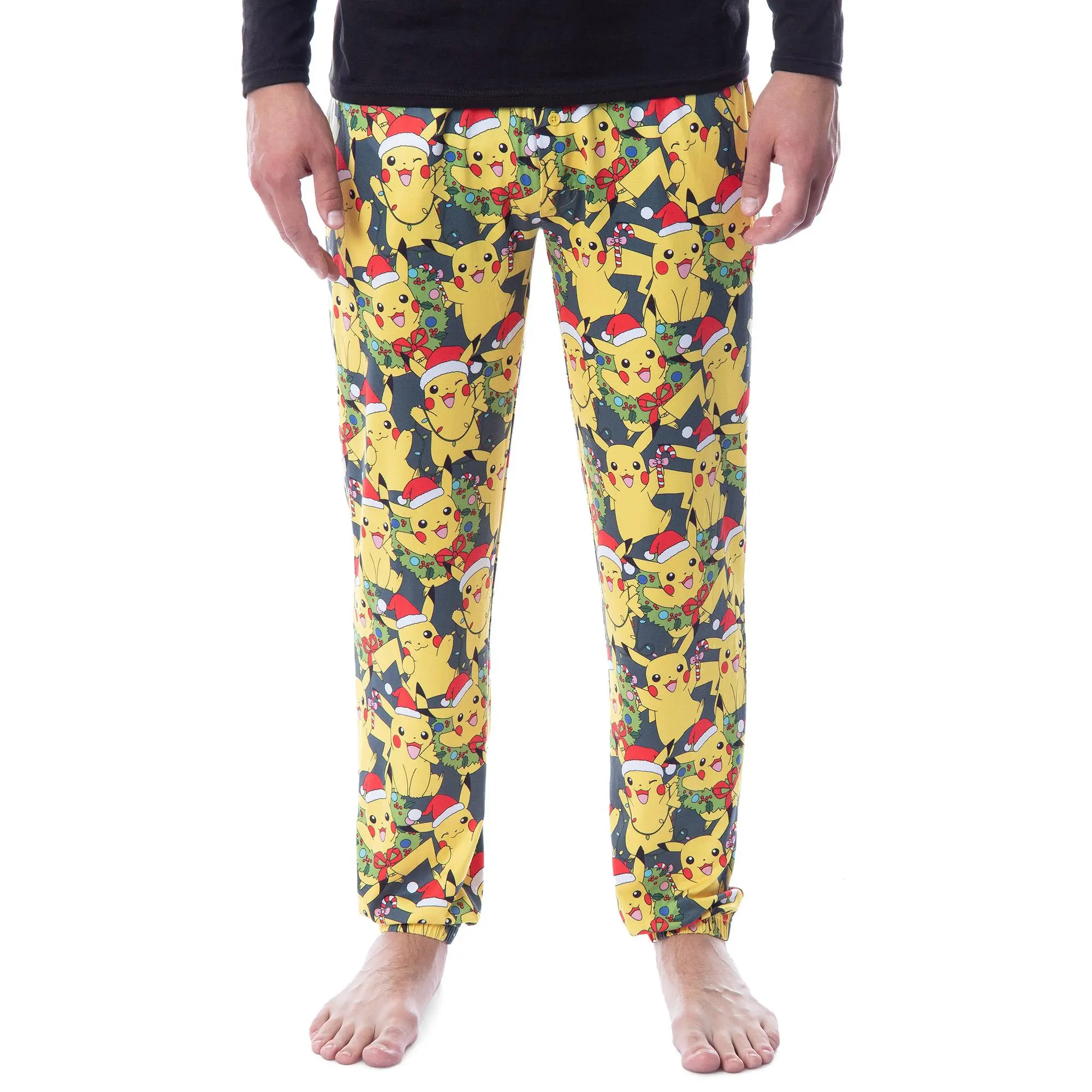 Pokemon Mens' Pikachu Christmas Santa Toss Print Sleep Pajama Jogger Pants, Polyester, Spandex
