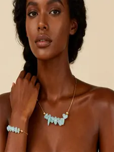Dainty Aquamarine Bead Set, Gold Alloy Chain Necklace Bracelet, Natural Aquamarine Chips Jewelry for Beach Daily Wear, Friendship Bracelet Gift