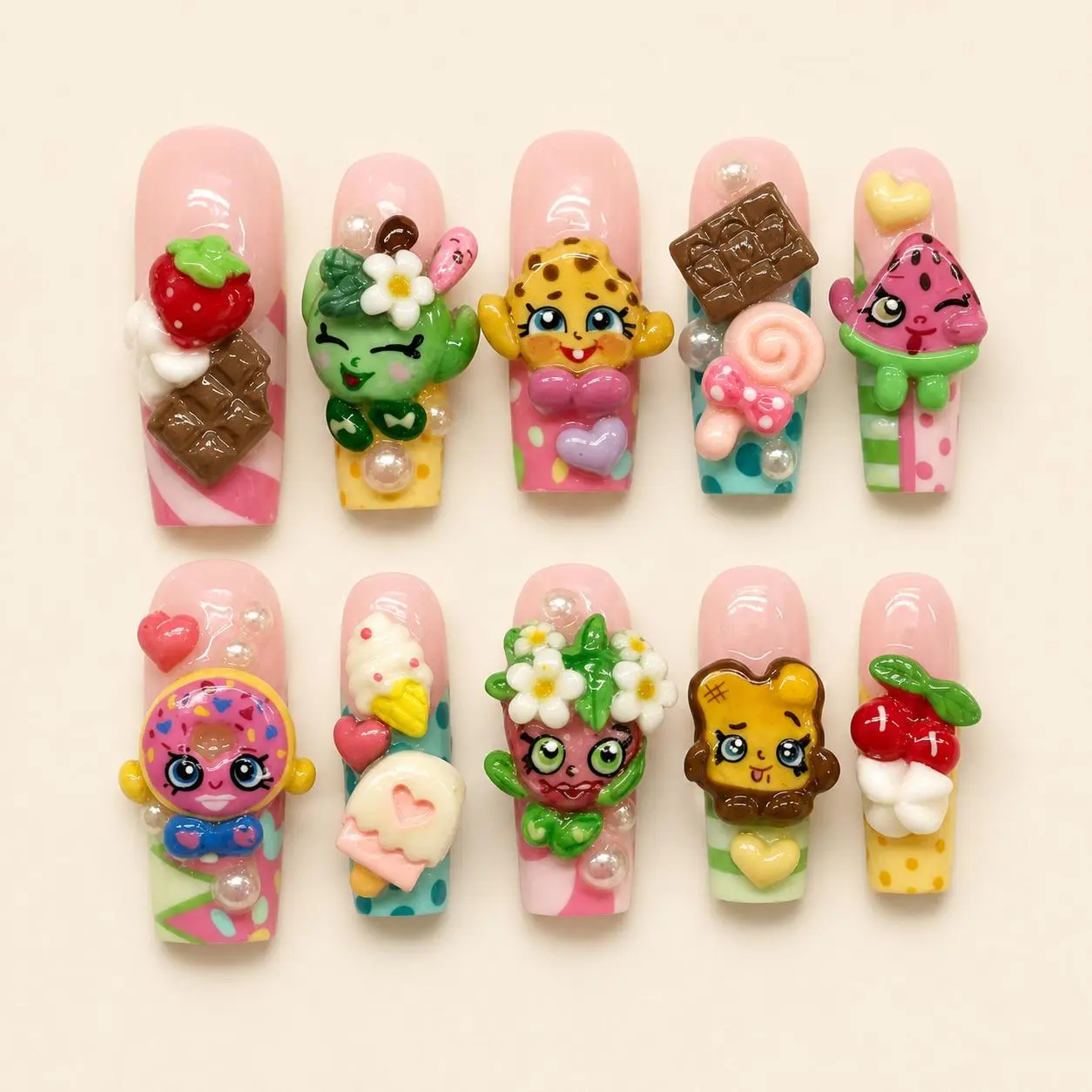 Handmade Kawaii Dessert Press On Nails | Shopkins-Inspired Characters, Chocolate, Donut & Ice Cream | Long Coffin Nails For Cute Sweet Vibes