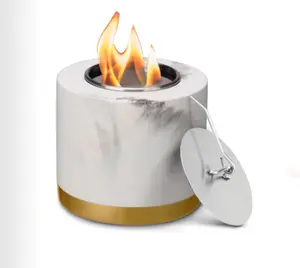 Marble Tabletop with Gold Trim Concrete Firepit Stainless Steel Burner