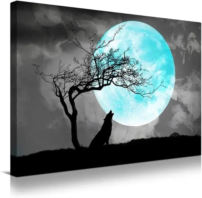 Wolf Decor Modern Canvas Painting Wall Art Animal Blue Moon And Wolf Wall Art For Living Room Bedroom Kitchen Wall Decor Painting Framed Office Home Decorations Gift Poster Artistic Matte Plastic Wood Artwork Ornaments Photo Print