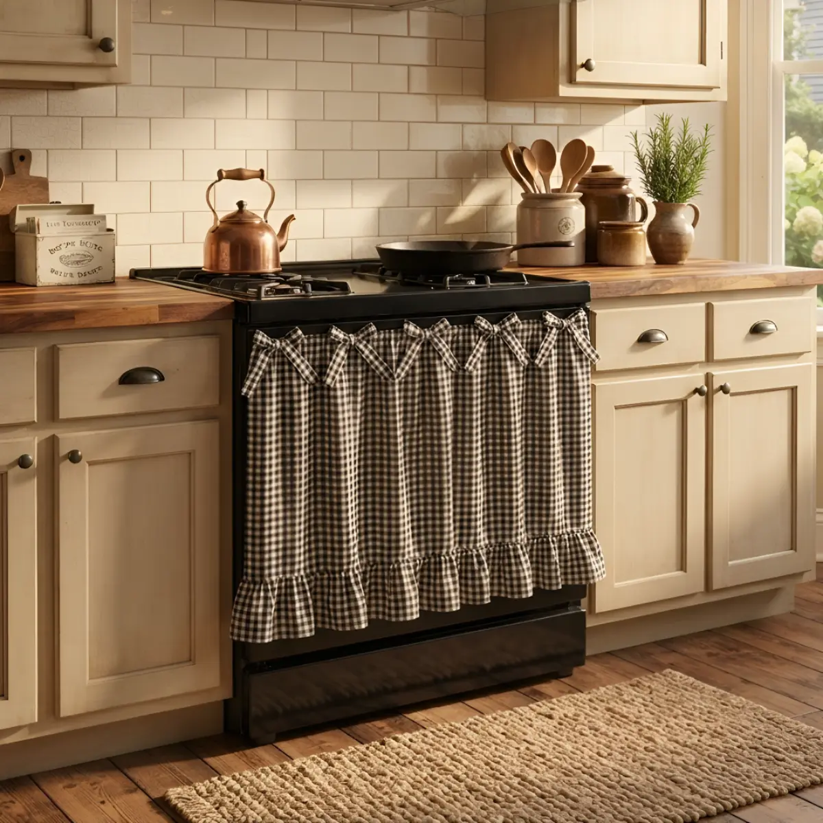 Handmade Gingham Oven Skirt for Stove Top, Rustic Farmhouse Cottagecore Kitchen Decor with Ruffled Bow, Cotton Blend Dust-Proof Oven Door Cover