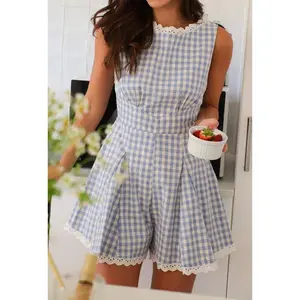 Gingham Lace-Trimmed Romper: Light Blue / L