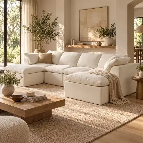 128" U-Shaped Modular Cloud Couch with 2 Movable Ottomans, 4-Seater Sectional Sofa, Deep Seats, Soft Chenille Upholstery,familyfun