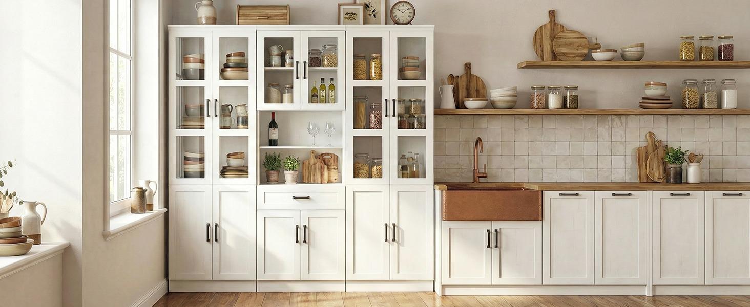 Unikito 79.7" Tall Farmhouse Wood Pantry Storage Cabinet - Freestanding Sturdy Hutch with Tempered Glass Door, Adjustable Shelves, Drawer, Solid Grain Finish, Anti-Tip Base, 3 Boxes, Assembly Required, Quick Setup, Living/Dining Room Display